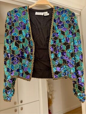 Vintage Black Tie Sequin Beaded Cropped Blazer - Teal & Purple